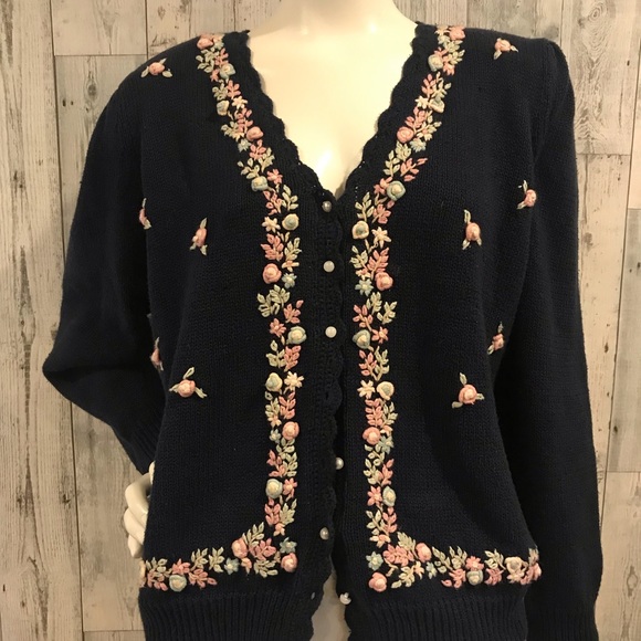 COPY - Vintage Navy cardigan with embroidered flowers. - Picture 3 of 10